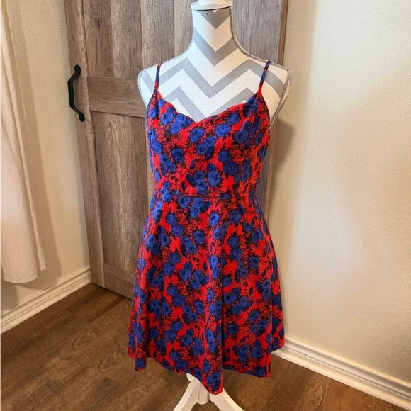 Retro Rockabilly Floral Linen Cotton Blend Dress w Pockets Size Large red blue - Picture 2 of 16